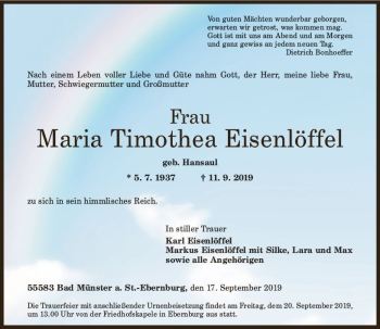 Traueranzeige von Maria Timothea Eisenlöffel von vrm-trauer