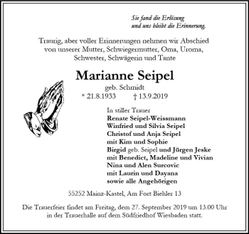 Traueranzeige von Marianne Seipel von vrm-trauer
