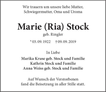 Traueranzeige von Marie Stock von vrm-trauer