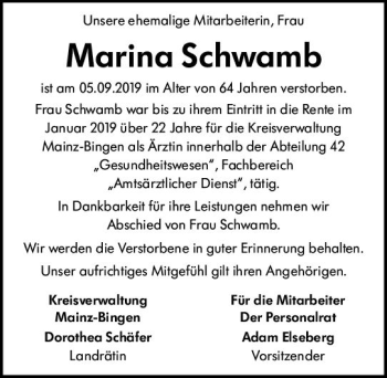 Traueranzeige von Marina Schwamb von vrm-trauer