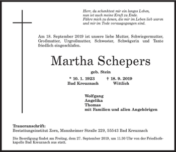 Traueranzeige von Martha Schepers von vrm-trauer