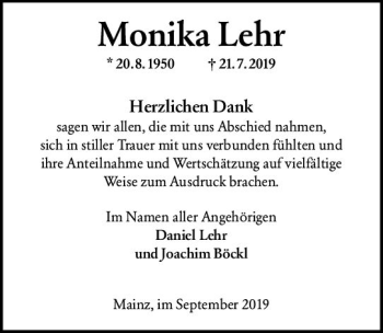Traueranzeige von Monika Lehr von vrm-trauer