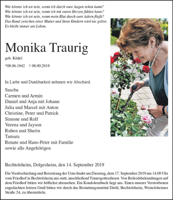 Traueranzeige von Monika Traurig von vrm-trauer