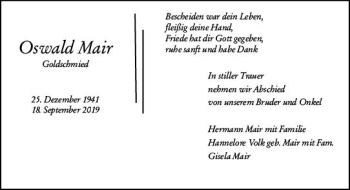 Traueranzeige von Oswald Mair von vrm-trauer