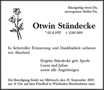 Traueranzeige von Otwin Ständecke von vrm-trauer