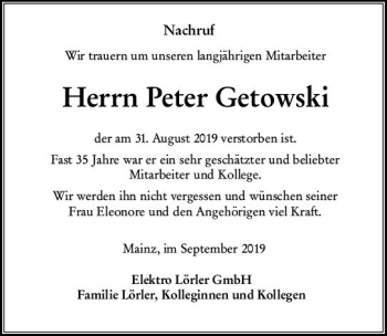 Traueranzeige von Peter Getowski von vrm-trauer