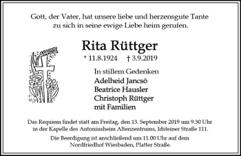 Traueranzeige von Rita Rüttger von vrm-trauer