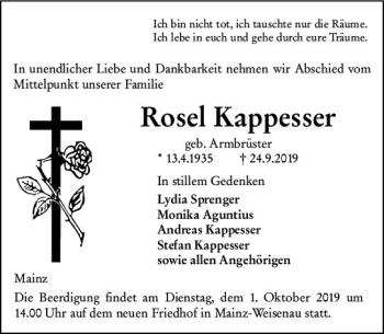 Traueranzeige von Rosel Kappesser von vrm-trauer