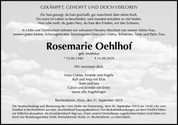 Traueranzeige von Rosemarie Oehlhof von vrm-trauer