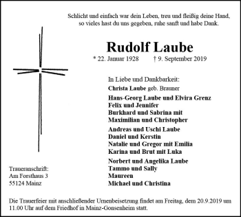 Traueranzeige von Rudolf Laube von vrm-trauer