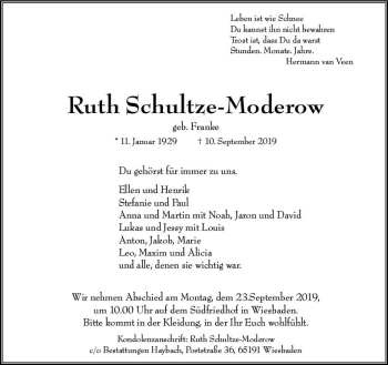 Traueranzeige von Ruth Schultze-Moderow von vrm-trauer