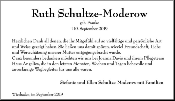 Traueranzeige von Ruth Schultze-Moderow von vrm-trauer