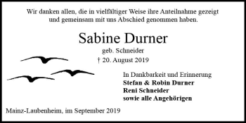 Traueranzeige von Sabine Durner von vrm-trauer