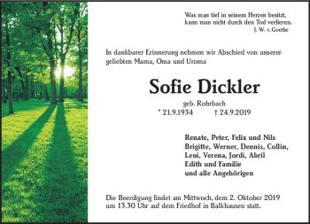 Traueranzeige von Sofie Dickler von vrm-trauer