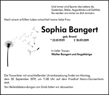 Traueranzeige von Sophia Bangert von vrm-trauer