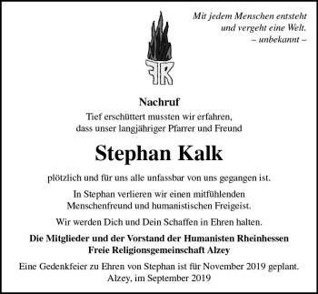 Traueranzeige von Stephan Kalk von vrm-trauer
