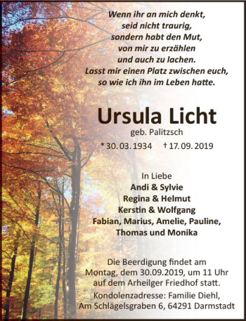 Traueranzeige von Ursula Licht von vrm-trauer