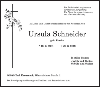 Traueranzeige von Ursula Schneider von vrm-trauer
