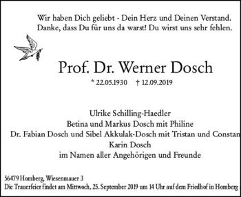 Traueranzeige von Werner Dosch von vrm-trauer