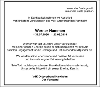 Traueranzeige von Werner Hammen von vrm-trauer