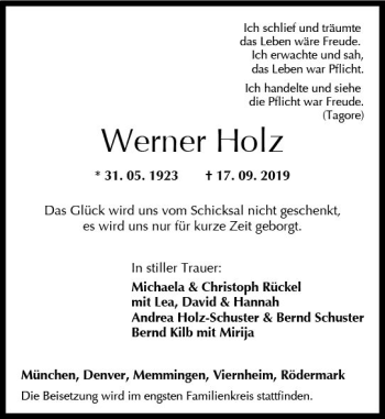 Traueranzeige von Werner Holz von vrm-trauer