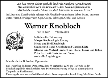 Traueranzeige von Werner Knobloch von vrm-trauer