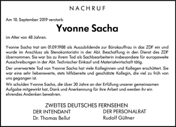 Traueranzeige von Yvonne Sacha von vrm-trauer