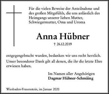 Traueranzeige von Anna Hübner von vrm-trauer