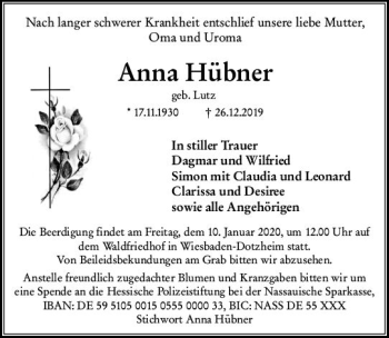 Traueranzeige von Anna Hübner von vrm-trauer