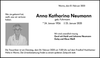 Traueranzeige von Anna Katharina Neumann von vrm-trauer