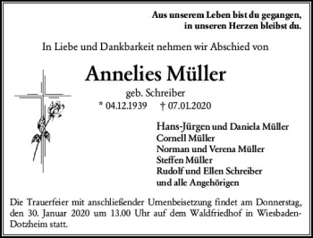 Traueranzeige von Annelies Müller von vrm-trauer