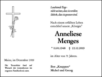 Traueranzeige von Annelise Menges von vrm-trauer