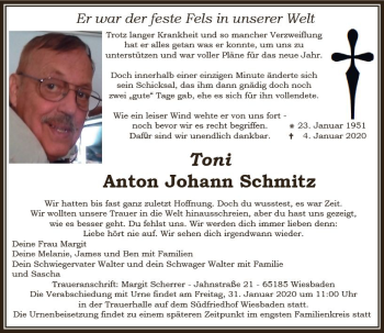 Traueranzeige von Anton Johann Schmitz von vrm-trauer
