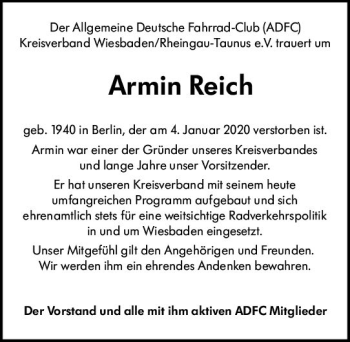 Traueranzeige von Armin Reich von vrm-trauer