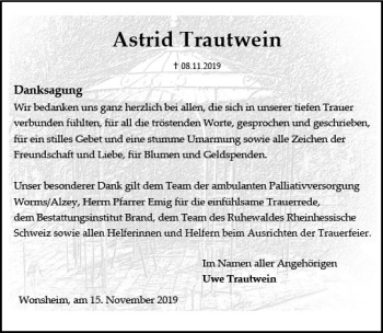 Traueranzeige von Astrid Trautwein von vrm-trauer