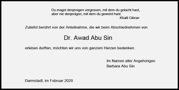 Traueranzeige von Awad Abu Sin von vrm-trauer