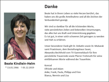 Traueranzeige von Beate Kindlein-Helm von vrm-trauer