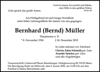 Traueranzeige von Bernhard  Müller von vrm-trauer