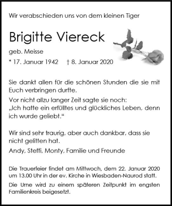 Traueranzeige von Brigitte Viereck von vrm-trauer