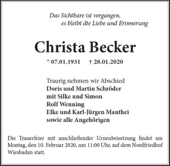 Traueranzeige von Christa Becker von vrm-trauer