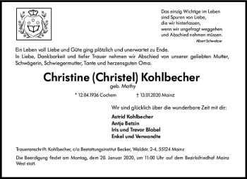 Traueranzeige von Christine Kohlbecher von vrm-trauer