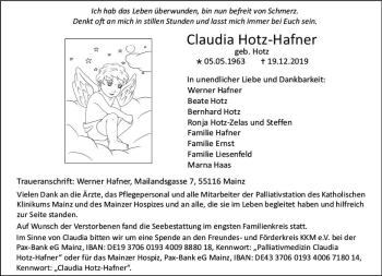 Traueranzeige von Claudia Hotz-Hafner von vrm-trauer