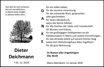 Traueranzeige von Dieter Deichmann von vrm-trauer