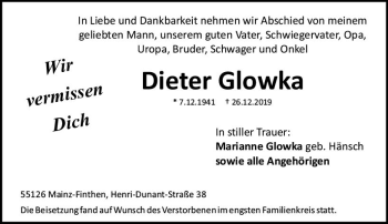 Traueranzeige von Dieter Glowka von vrm-trauer