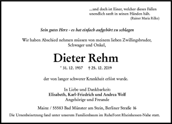 Traueranzeige von Dieter Rehm von vrm-trauer