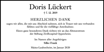 Traueranzeige von Doris Lückert von vrm-trauer