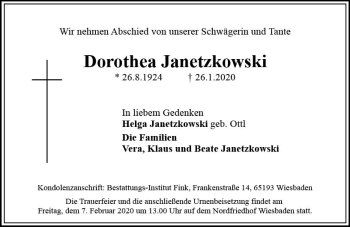 Traueranzeige von Dorothea Janetzkowski von vrm-trauer
