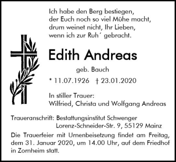 Traueranzeige von Edith Andreas von vrm-trauer