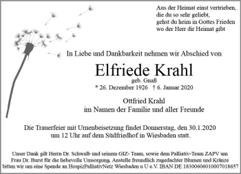 Traueranzeige von Elfriede Krahl von vrm-trauer
