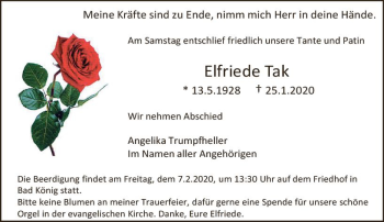 Traueranzeige von Elfriede Tak von vrm-trauer